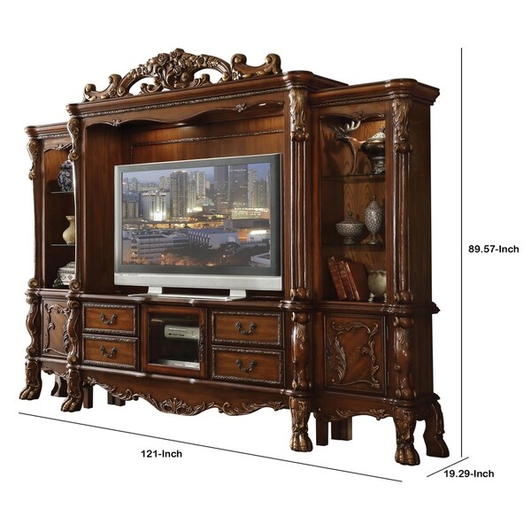 Baroque Style Wooden Entertainment Center with 2 Side Piers， Brown