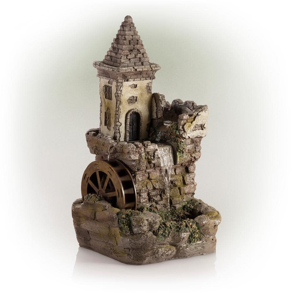 Alpine Corporation 35 in. Tall Outdoor Fairy Castle Waterwheel Tiered Fountain Yard Art decoration USA1164