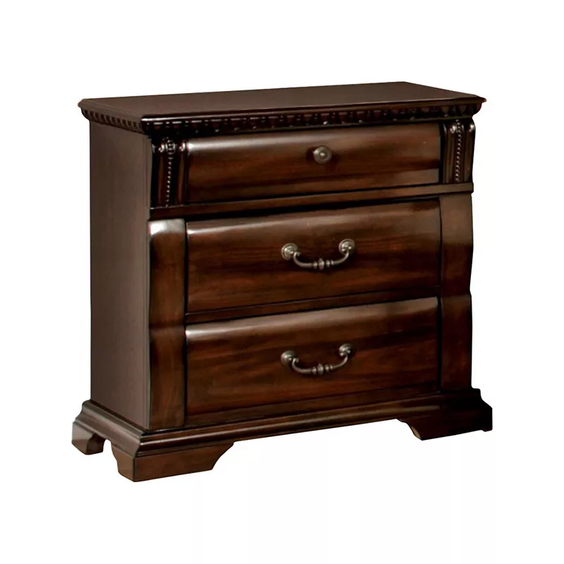 28 Inch Bedside Nightstand， 3 Drawers With Pewter Handles， Classic Dark Cherry Brown Solid Wood