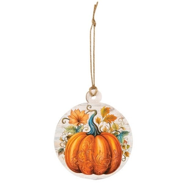 Floral Pumpkin Round Wooden Ornament 3 Asstd.