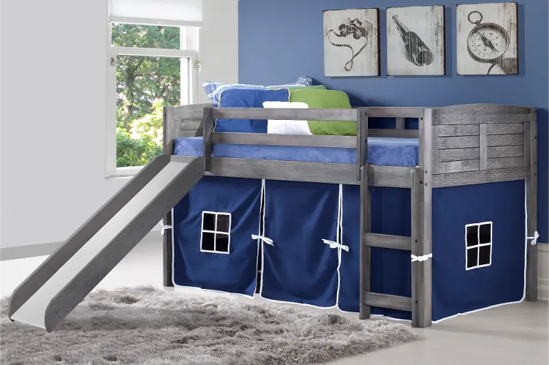 Louver Antique Gray Twin Loft Bed with Blue Tent and Slide