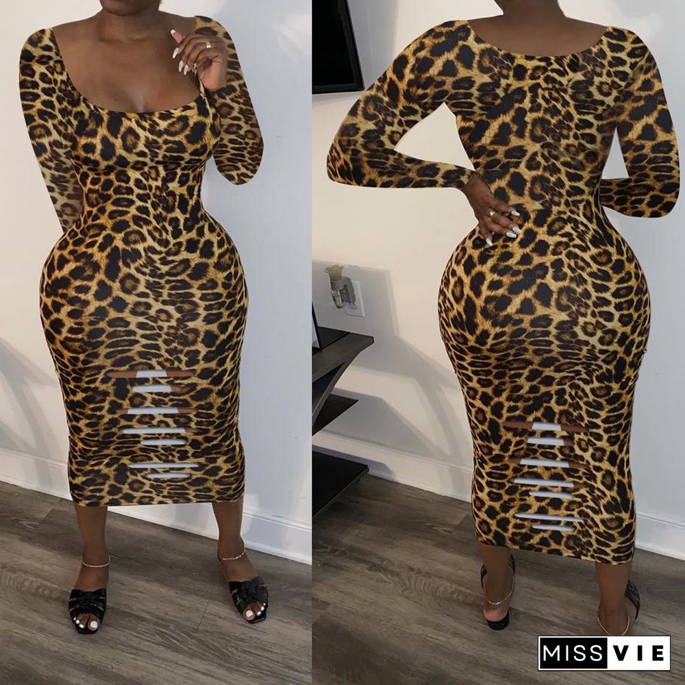 Leopard Print Cut Out U-neck Long Sleeve Dress