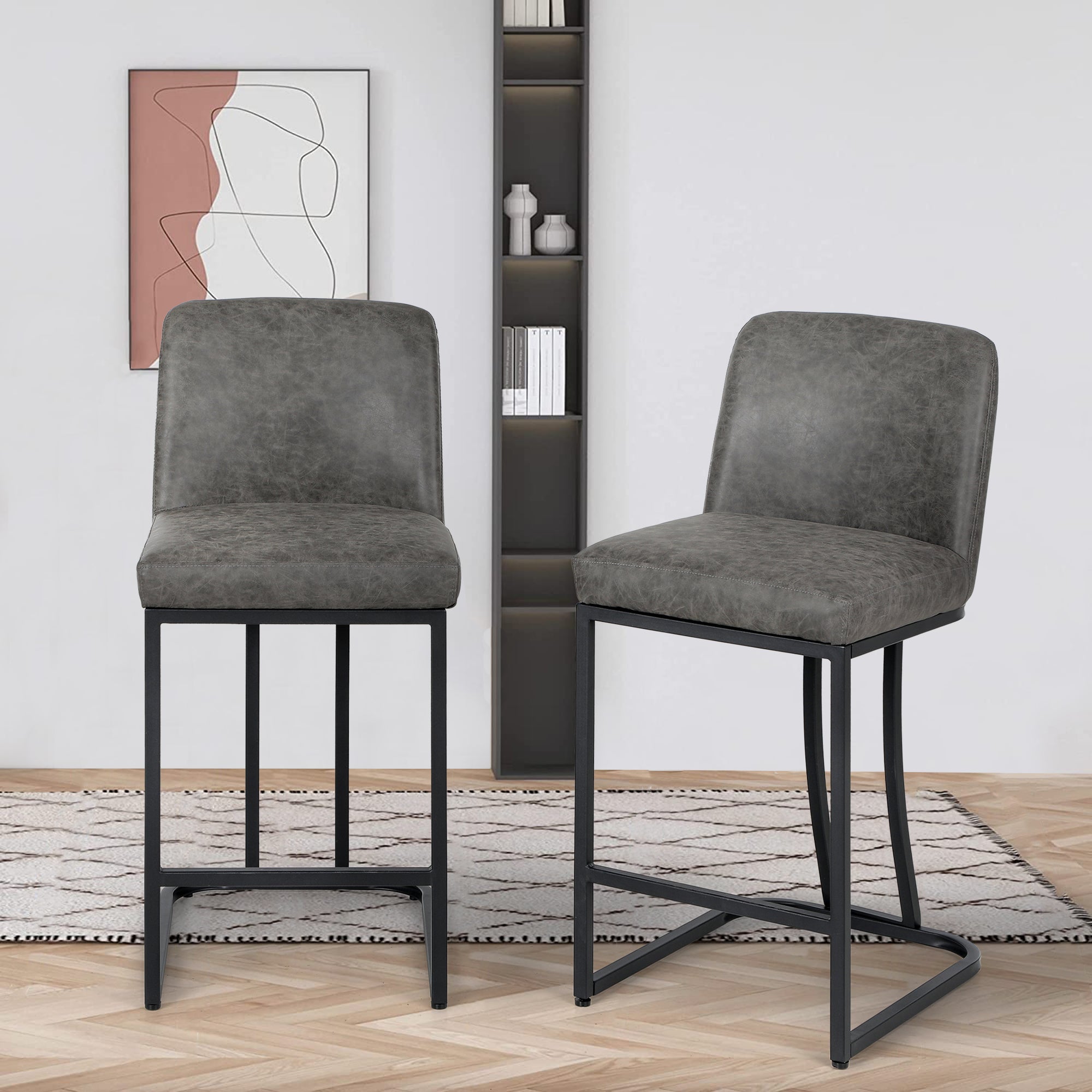 Sophia and William 24 PU Leather Counter Height Bar Stool with Backrest-Set of 2-Gray