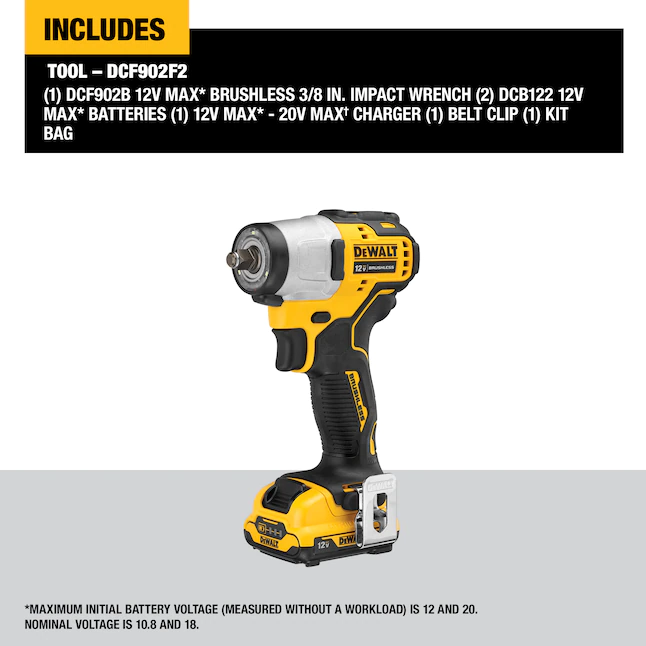 DEWALT DCF902F2 XTREME 12-volt Max Variable Speed Brushless 3/8-in Drive Cordless Impact Wrench (Battery Included)