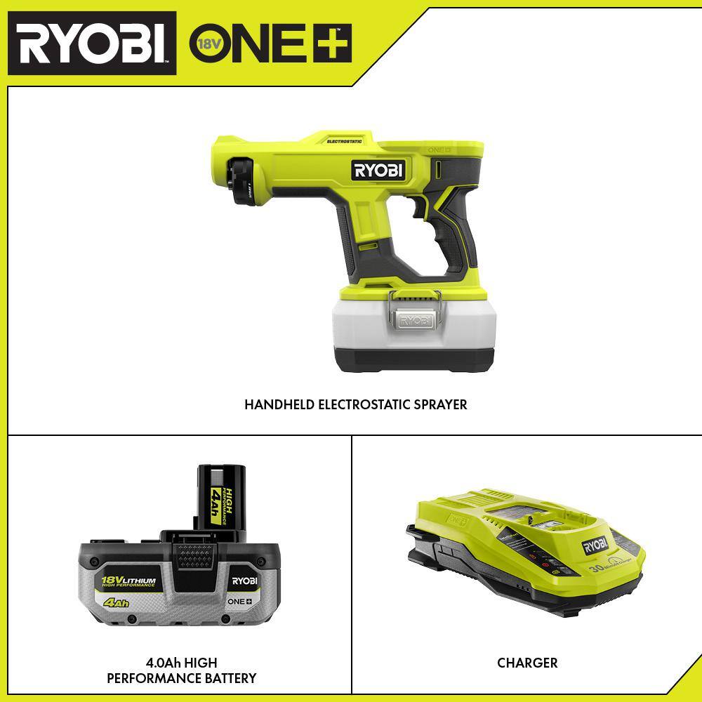 RYOBI ONE+ 18V Cordless Handheld Electrostatic Sprayer with High Performance 4.0 Ah Battery and Charger Kit PSP02B-PSK004