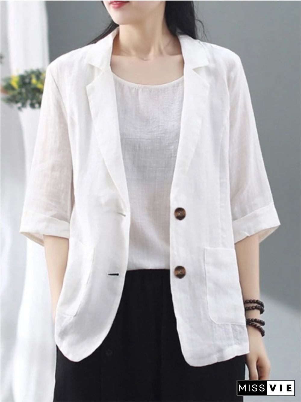 New Spring And Summer Solid Color Cotton And Linen Pocket Lapel Cropped Sleeve Jacket Suit Jacket Ladies Fashion Casual Cardigan