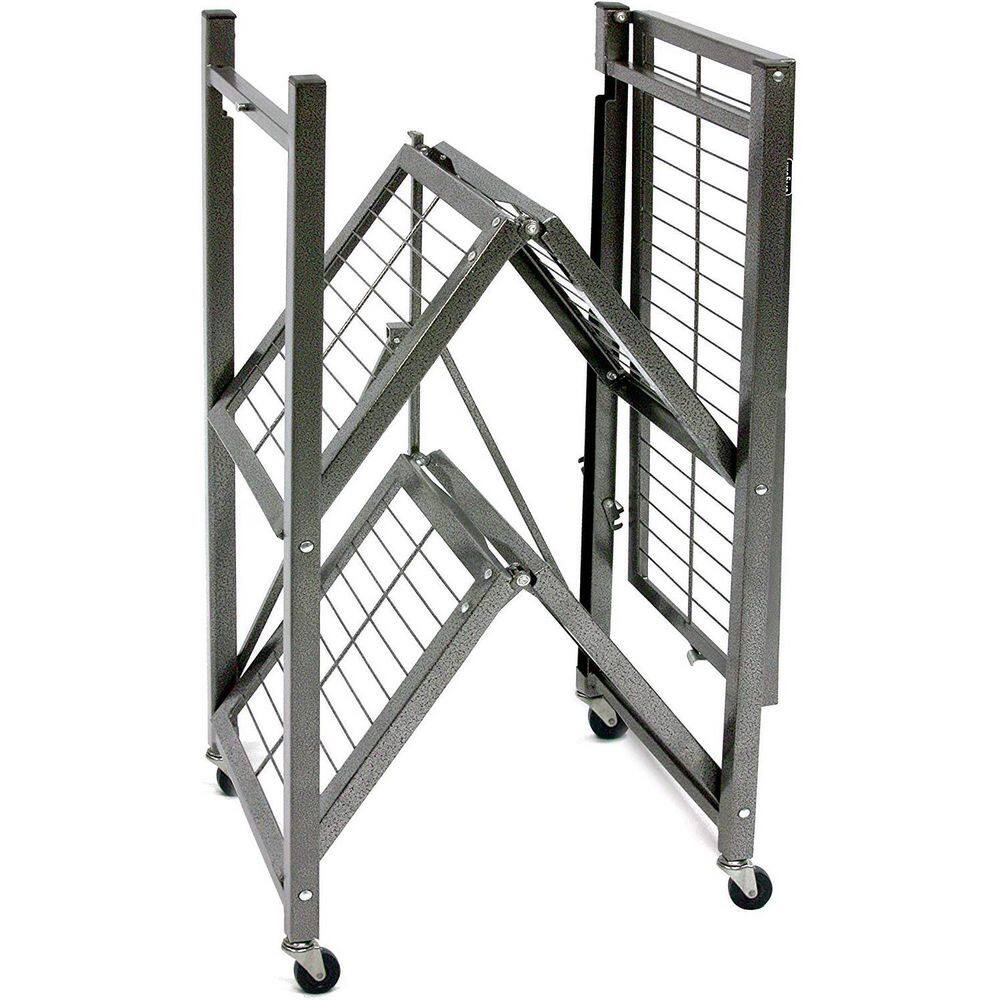 Origami Metal 35.4 x 13.3 x 28.75 in. R3 General Purpose Foldable 3-Tiered Shelf Storage Rack  Wheels Pewter R3-01W