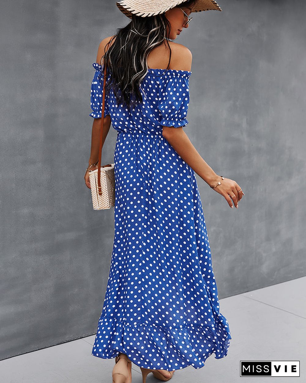 Off Shoulder Polka Dot Button Down Maxi Dress