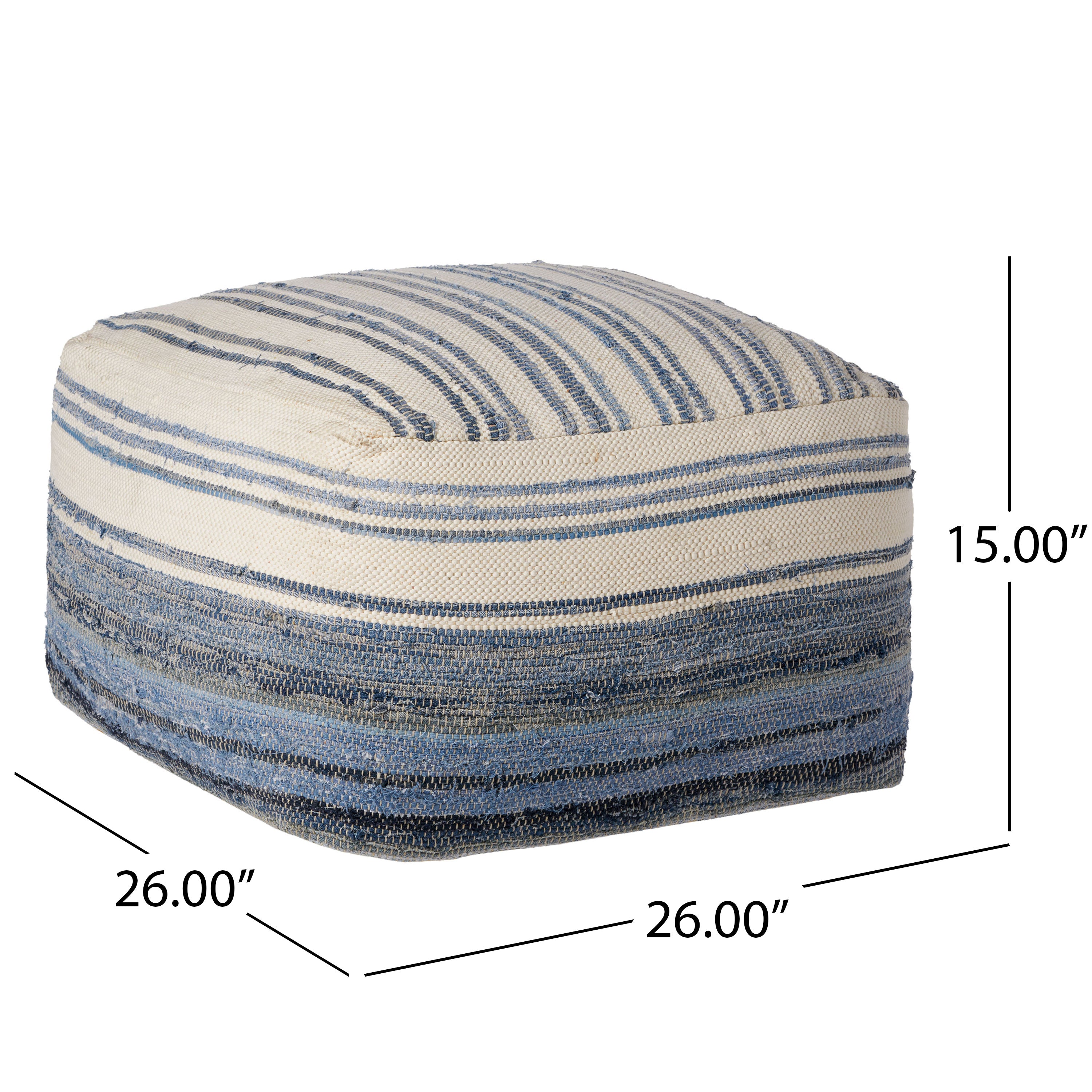 Althea Large Square Casual Pouf, Boho, Blue and White Recycled Denim and Chindi