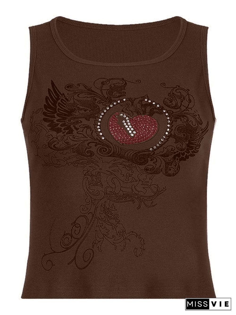 Heart Rhinestone Rib Crop Tank Top