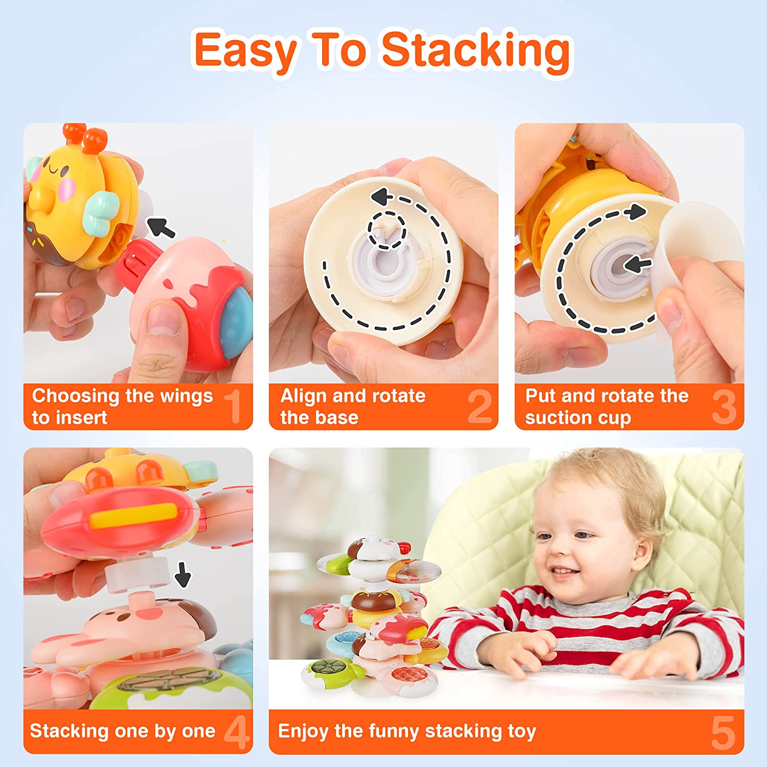 Vanmor 3 PCS Suction Spinner Toys for Babies, 12 PCS DIY Stackable Suction Cup Spinner Toy for Baby 12-18 Months, Baby Suction Toy for Window High Chair Tray Table Sensory Toys for Toddlers 1-3 Gifts