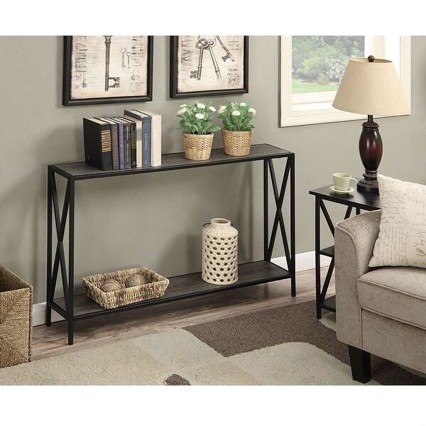 Weathered Grey Wood Console Sofa Table with Bottom Shelf and Metal Frame - 47.2