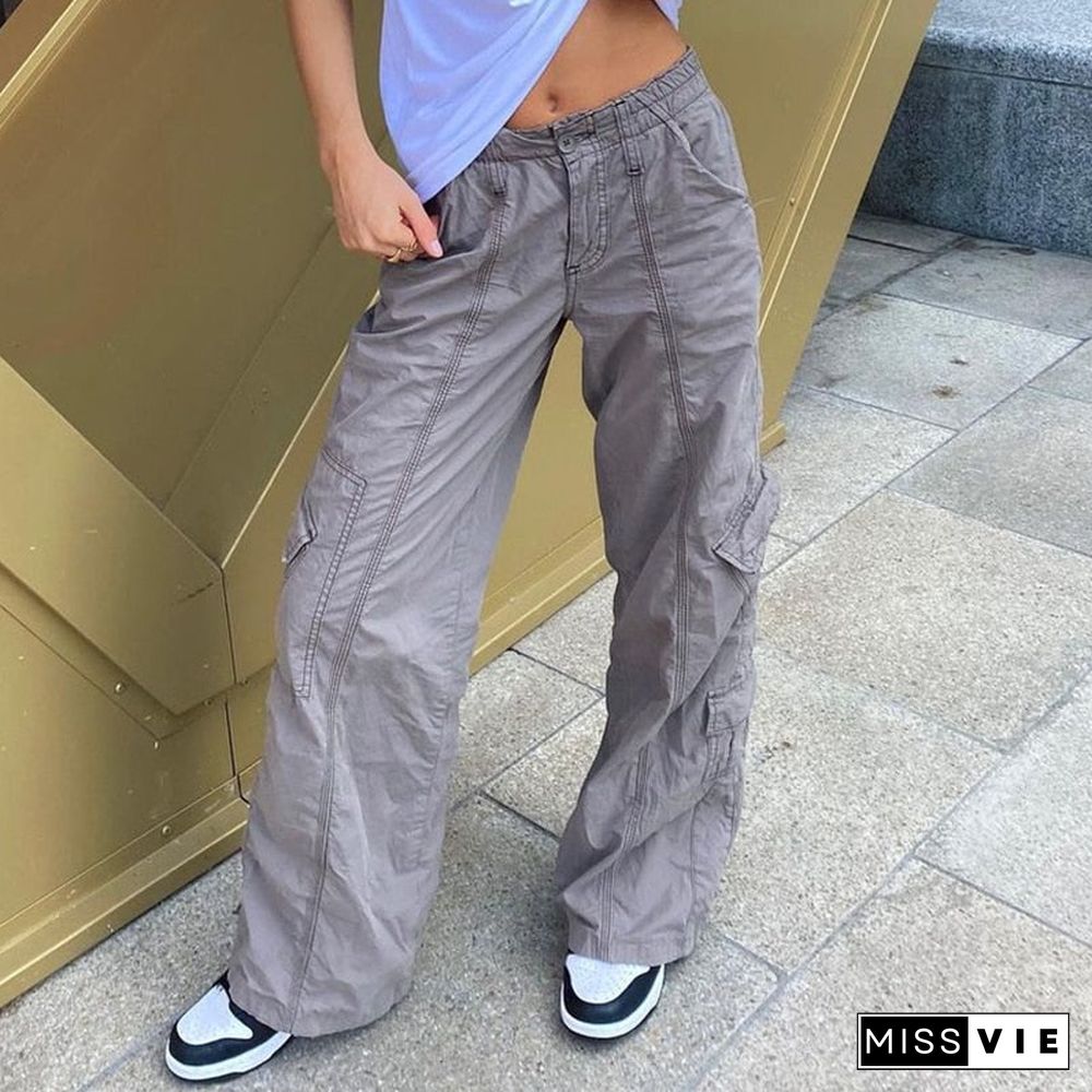 Streetwear Women Multi-Pocket Denim Jeans Vintage Baggy Wide Leg Cargo Pants Grunge High Waist Cotton Casual 90S Joggers