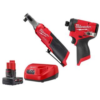 MW M12 FUEL 12V Lithium-Ion Brushless Cordless 38 in. Ratchet  M12 FUEL 14 in. Hex Impact Driver wBattery  Charger 48-59-2440-2567-20-3453-20