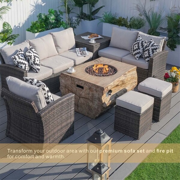 7piece Patio Wicker Garden Chat Sofa Set with Fire Pit and Storage Box