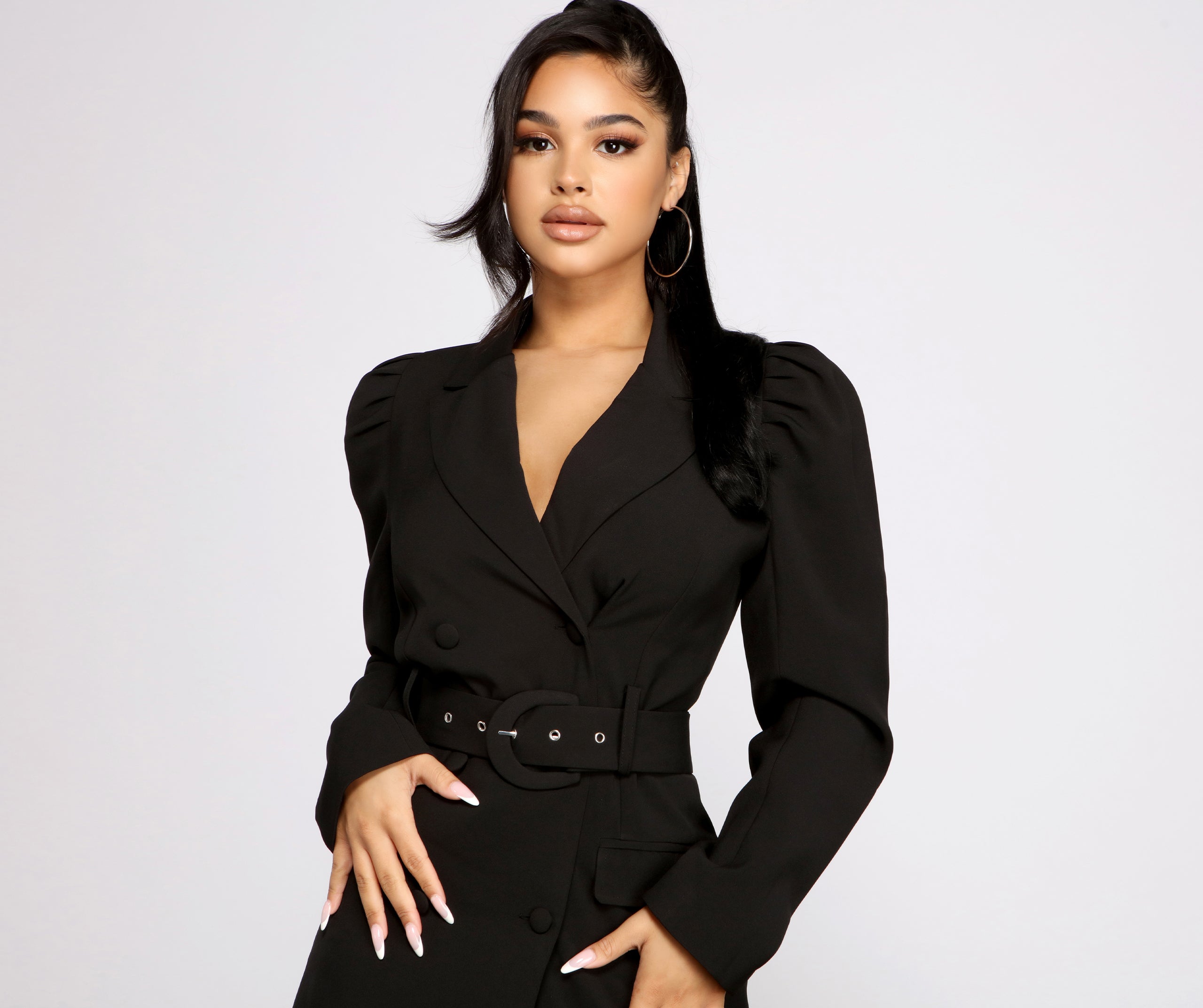 Double Breasted Belted Puff Sleeve Blazer