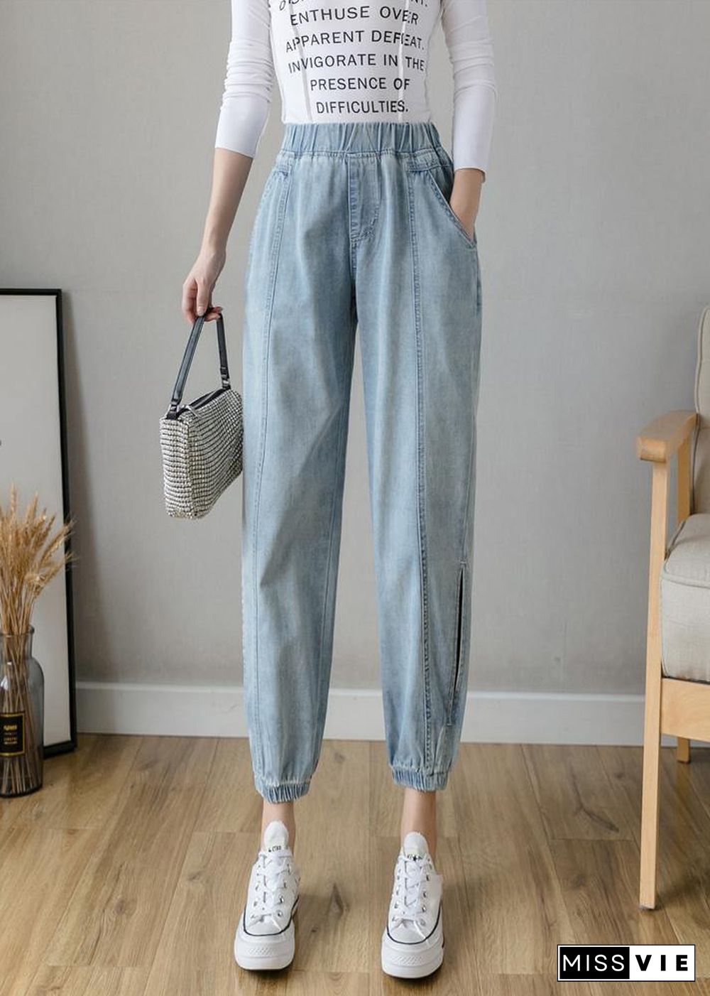 Organic Spring Casual Pants Slim Denim Blue Fashion Ideas Elastic Waist Pants