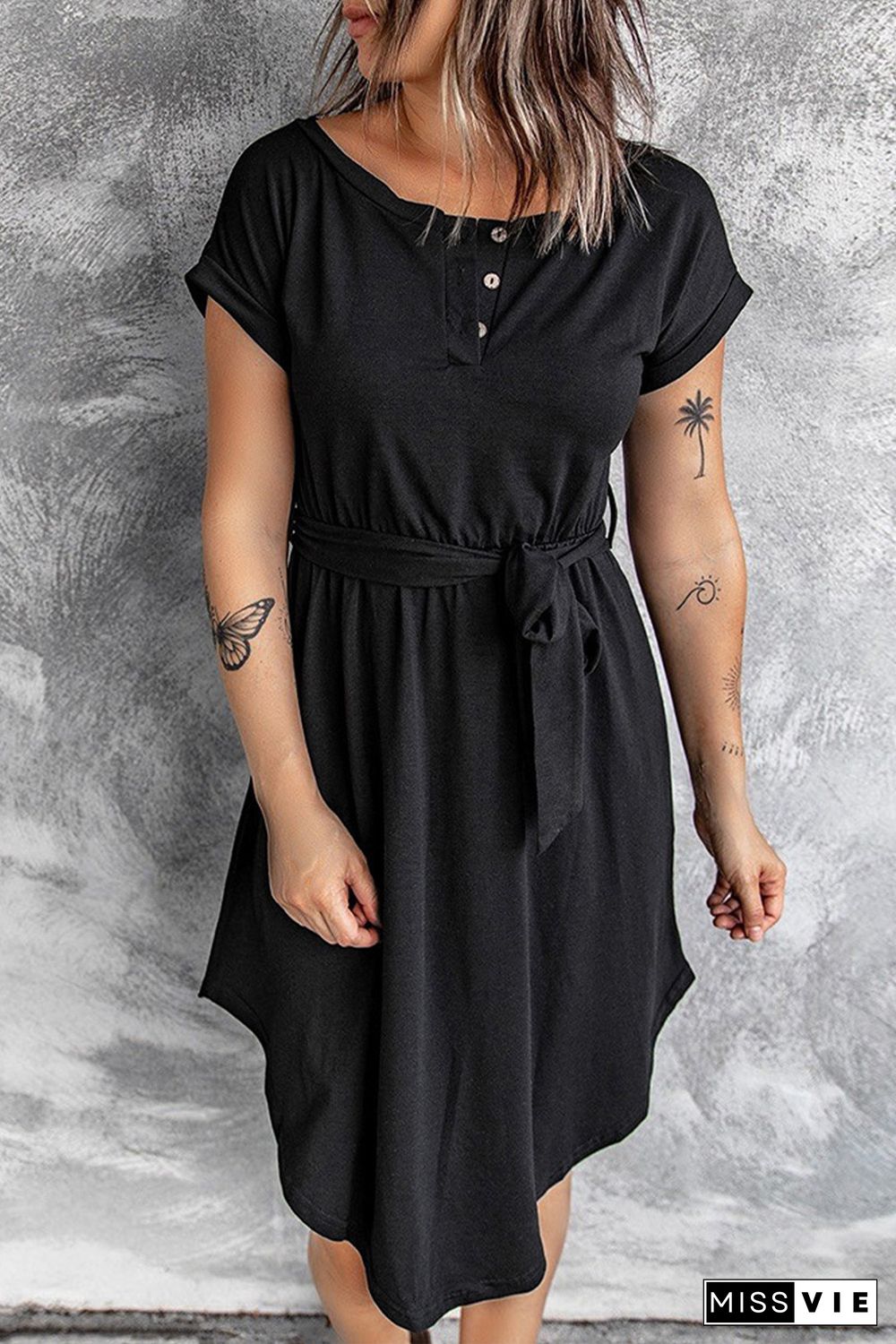 Buttons Crewneck Lace-up High Waist Mini Dress