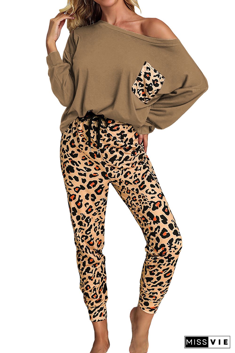 Brown Casual Long Sleeve Leopard Pants Loungewear Set