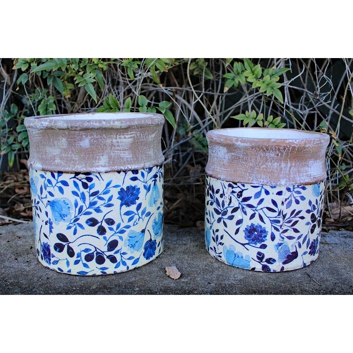 Old World Ceramic Blue and White Asian Floral Round planters