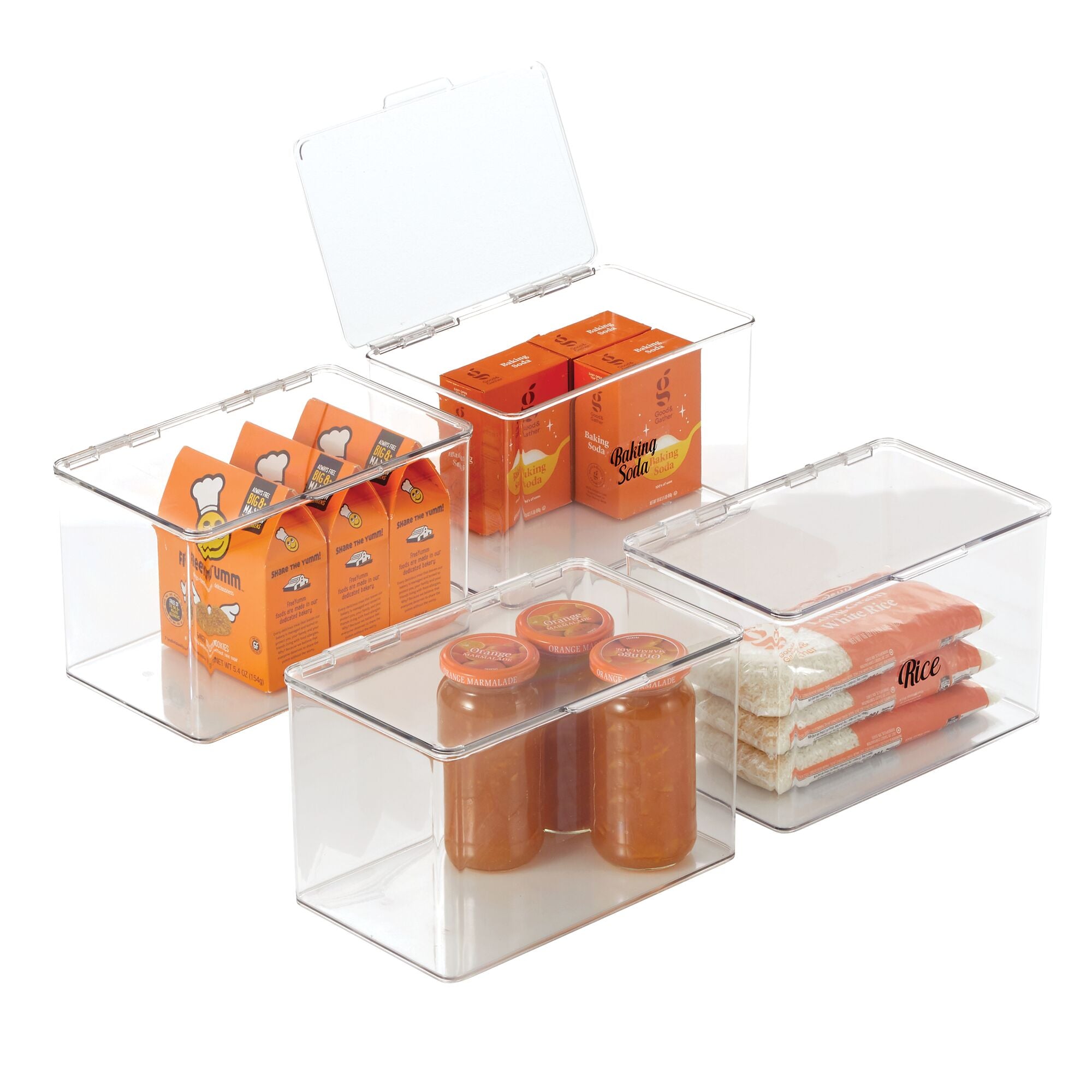 mDesign Plastic Stackable Kitchen Pantry Cabinet/Refrigerator Food Storage Container Box, Attached Lid - Organizer Bin for Coffee, Tea, Packets, Snack Bars - Pack of 4, Includes 32 Labels - Clear