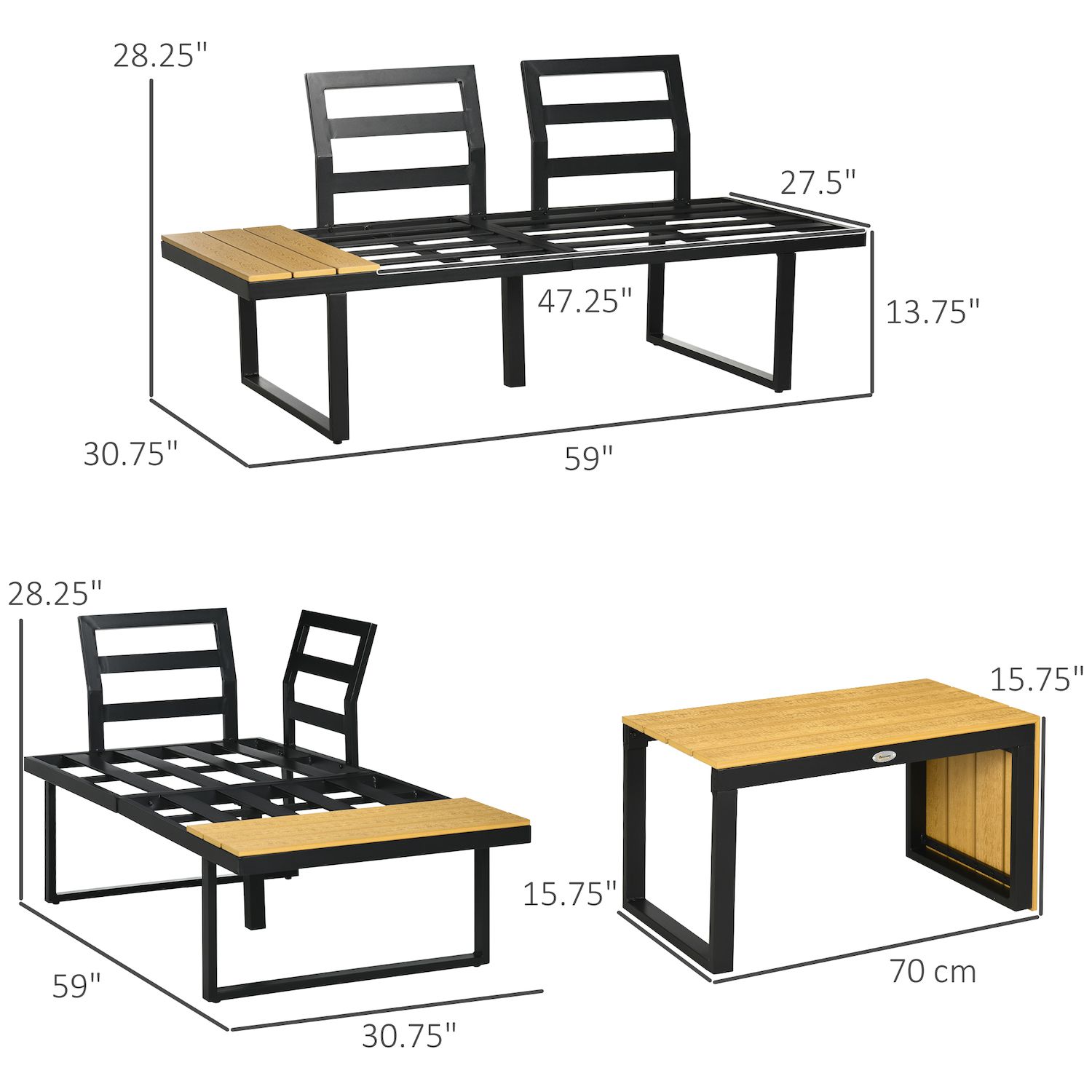 Outsunny 3 Piece Patio Furniture Set， Outdoor Sofa Set with Chaise Lounge and Loveseat， Soft Cushions， Woodgrain Plastic Table， L-Shaped Sectional Couch， Dark Gray