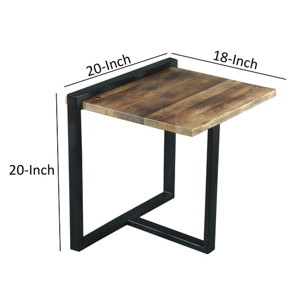 Industrial End Table with Wooden Rectangular Top and Metal Frame， Brown and Black