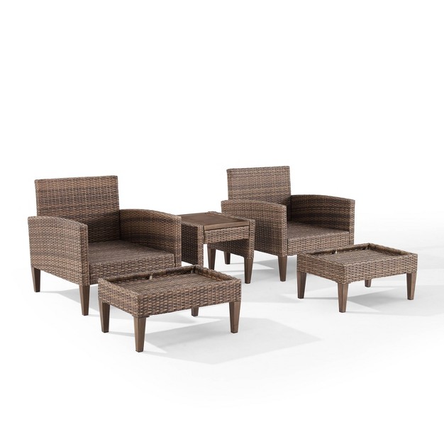 Capella 5pc Outdoor Wicker Conversation Set With Arm Chairs Ottomans amp Side Table Cream brown Crosley