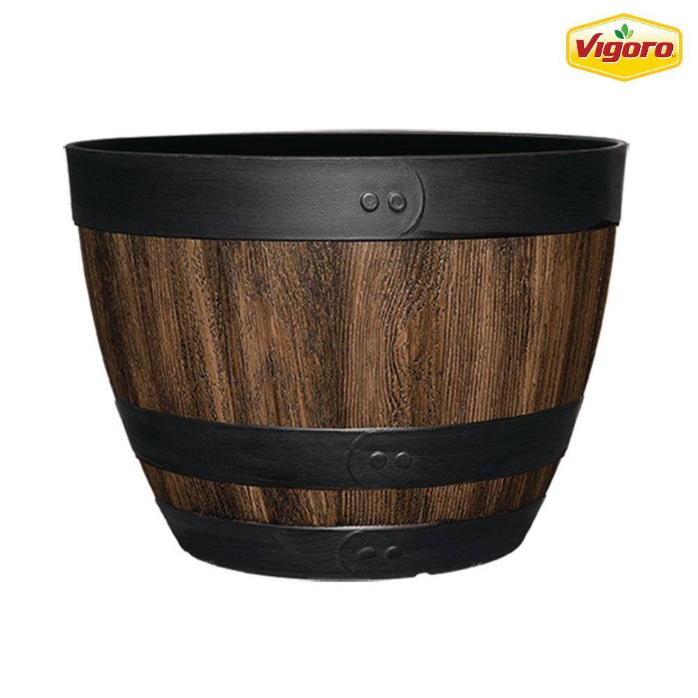 Vigoro 20 in. Reedley Large Kentucky Walnut Brown Resin Wine Barrel Planter (20 in. D x 14.5 in. H) HD1313-037