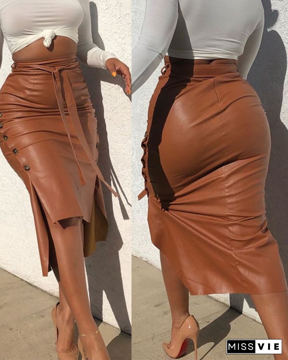 Buttoned Slit PU Leather Midi Skirt