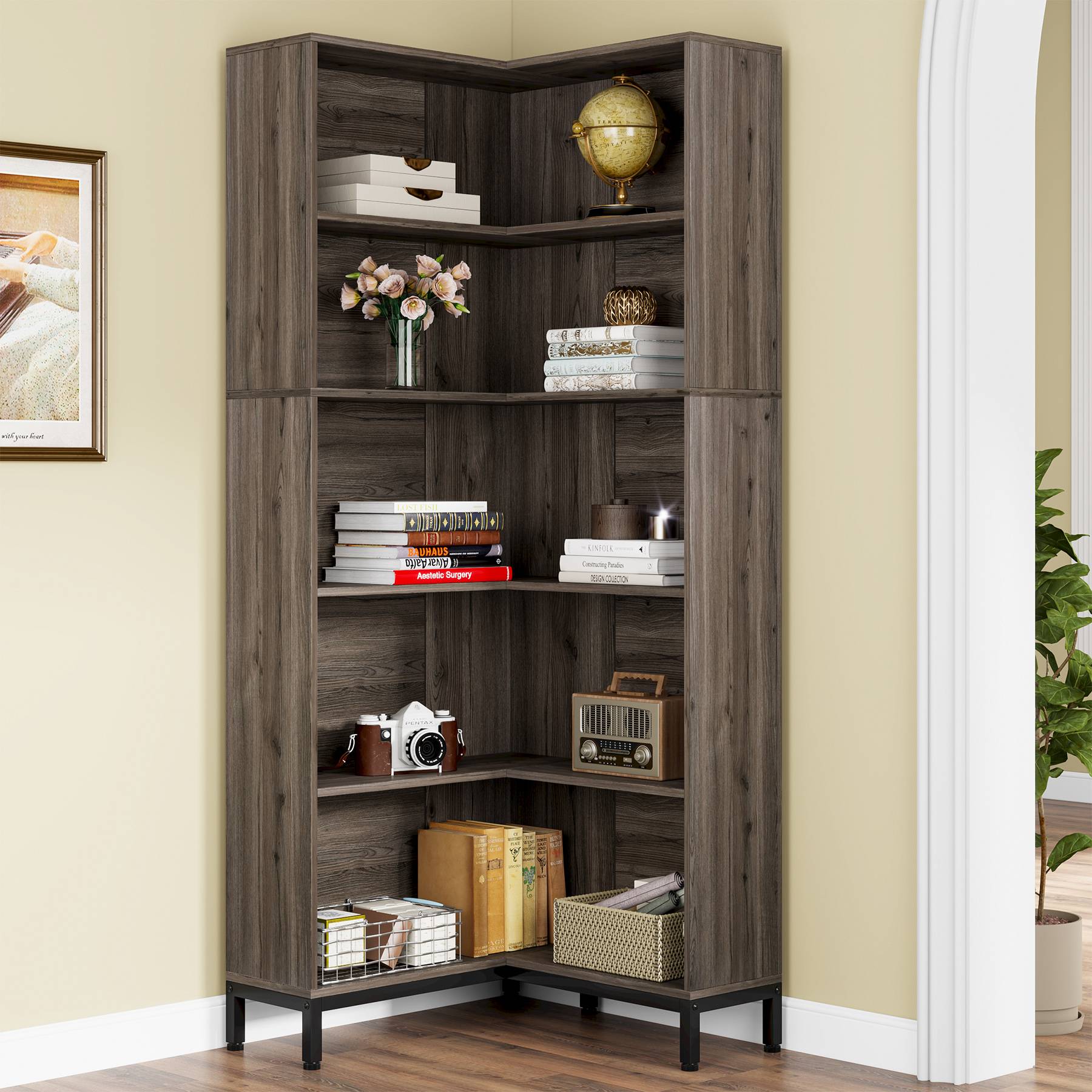 6-Tier Corner Bookcase, 71 inch L-Shaped Etagere Bookshelf