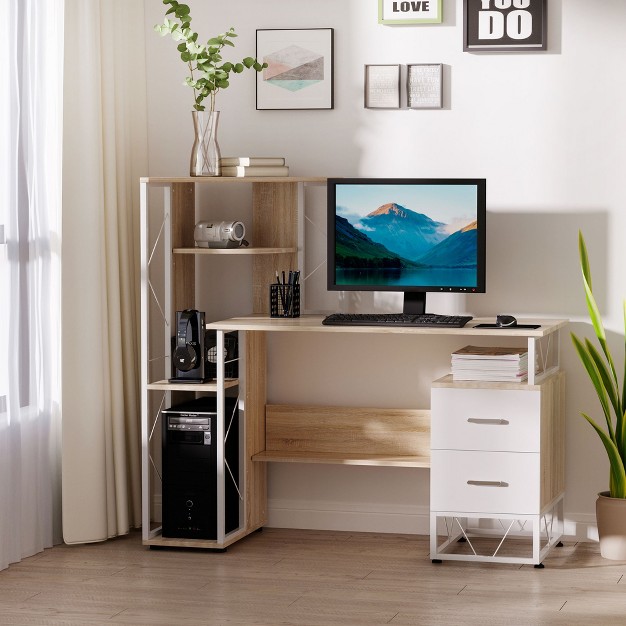 Modern Multi level Computer Desk Home Office Study Workstation With Storage Shelves Drawers And Cpu Stand