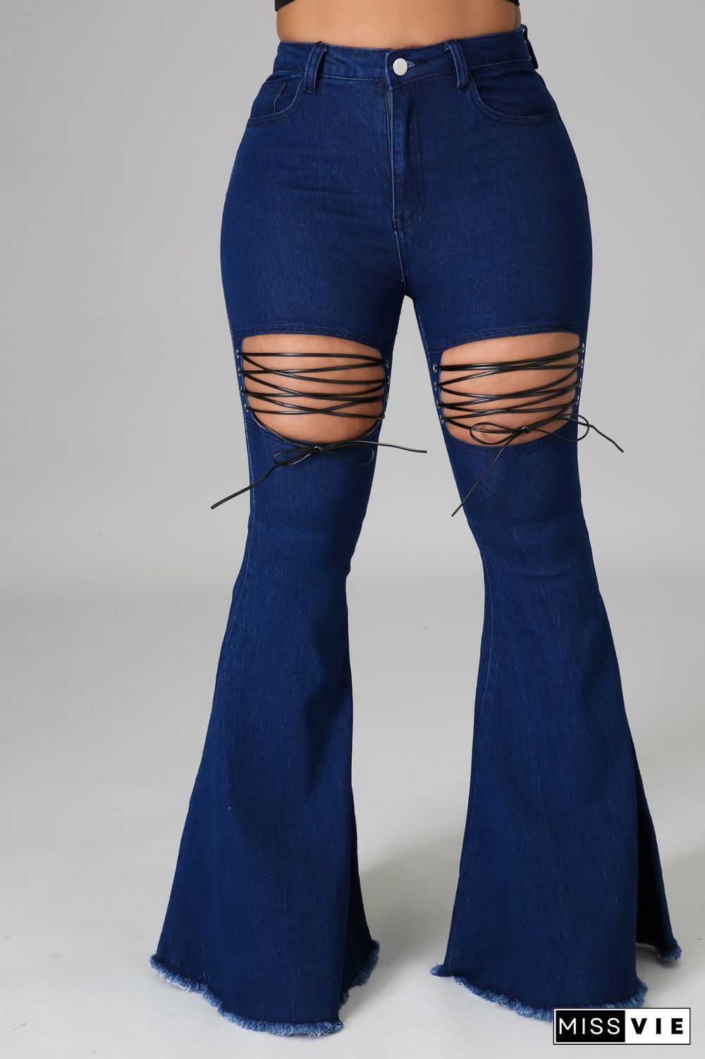 XS Summer Fashion Woman Solid Color Skinny High Waist Holes Bandage Ripped Flare Jeans