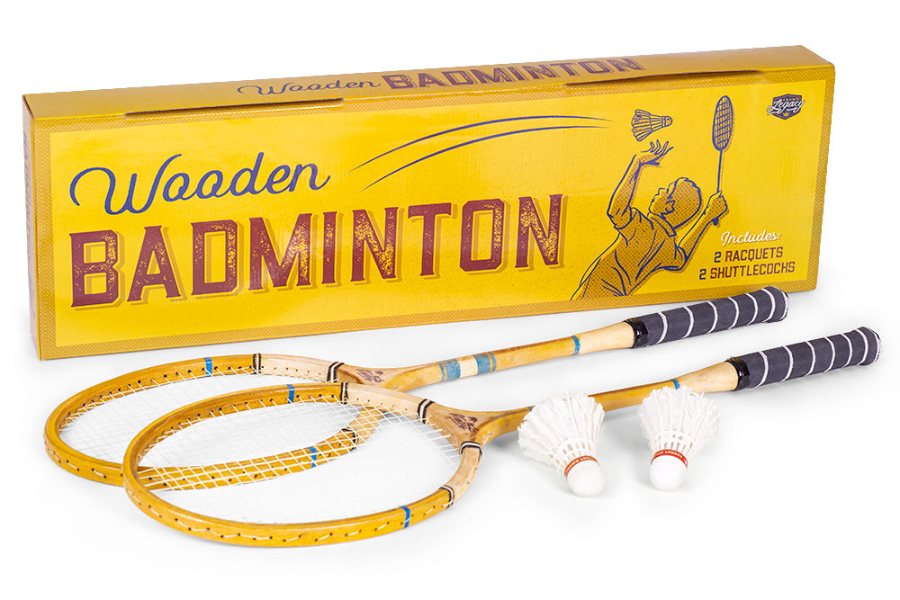 Crown Sporting Goods Vintage Wooden Badminton Set， Classic Outdoor Lawn Game For Backyard Family Fun， Includes 2 Solid Wood Racquets and Premium Feather Shuttlecocks