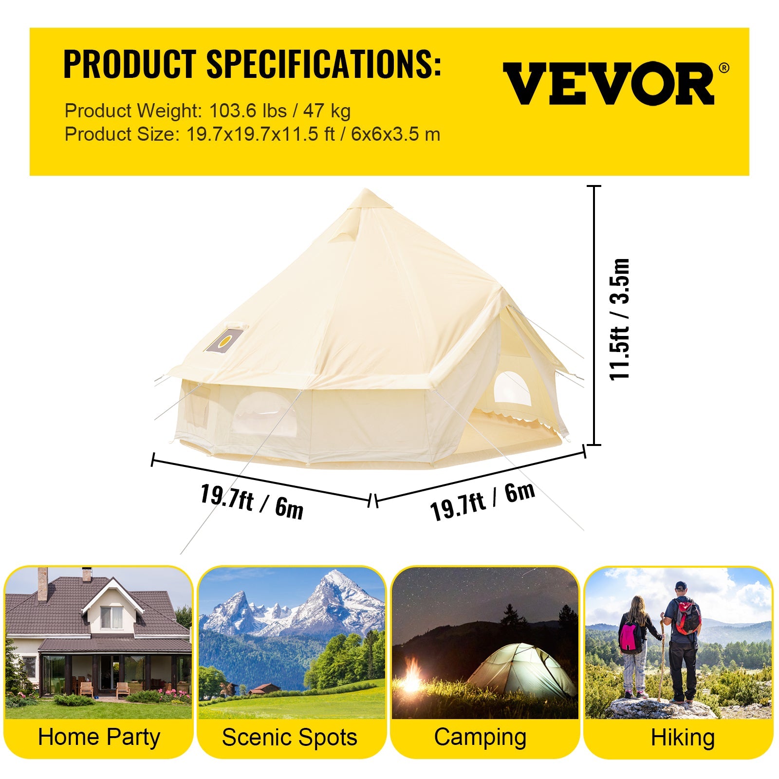 VEVORbrand Canvas Bell Tent 19.7ft Cotton Canvas Tent with Wall Stove Jacket Glamping Tent Waterproof Bell Tent for Family Camping Outdoor Hunting in 4 Seasons