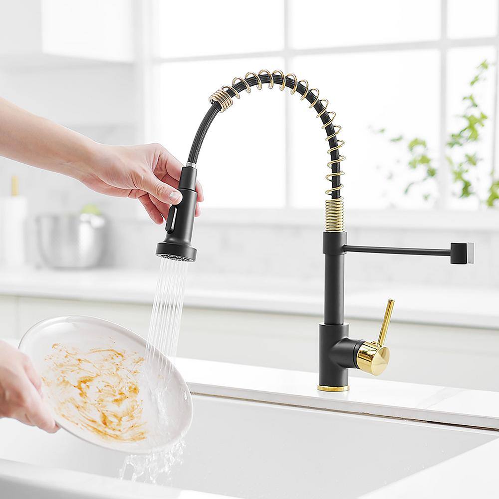 matrix decor Single Handle Pull Down Sprayer Kitchen Faucet with Advanced Spray in Black and Gold MD-AL189BG45