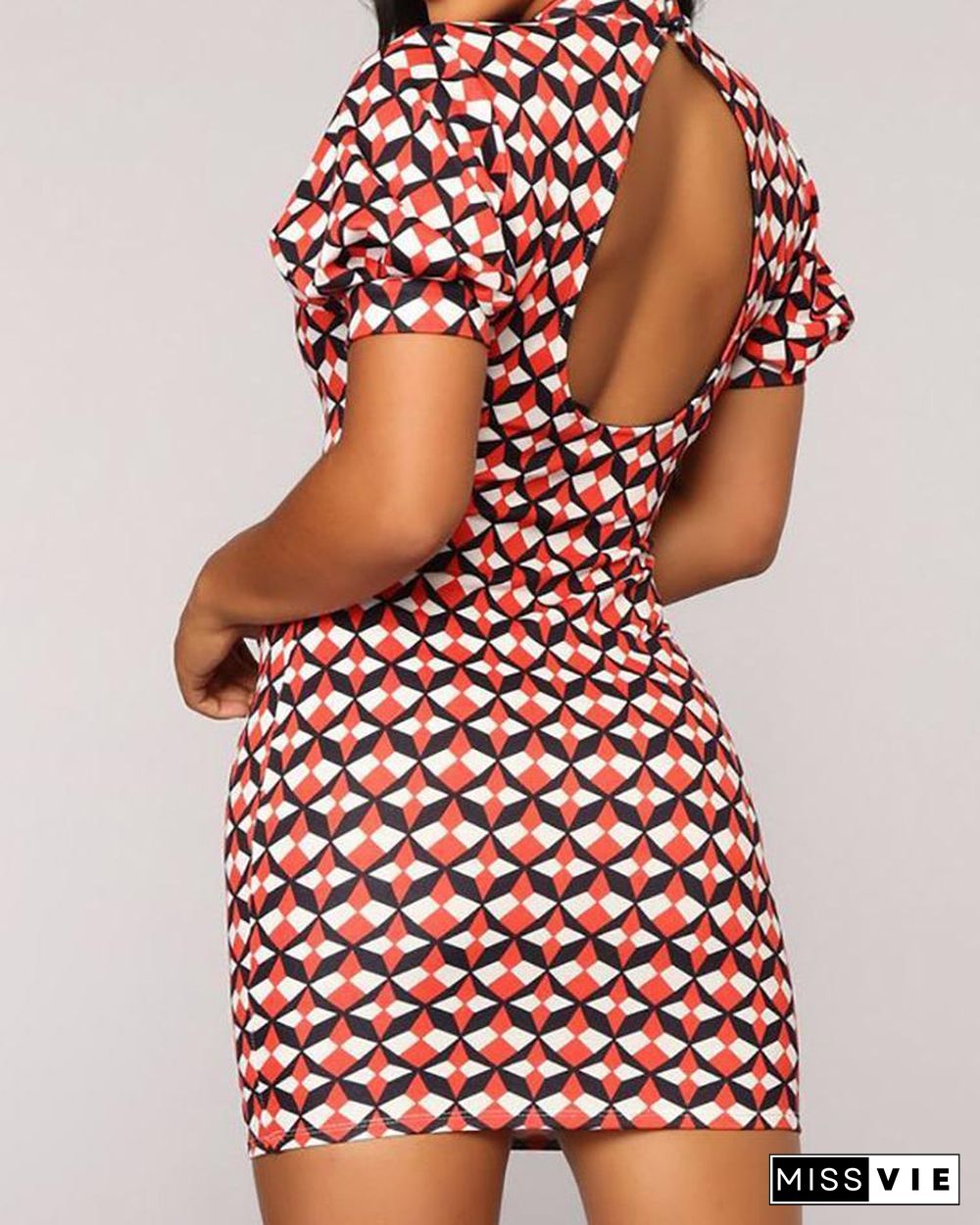 Geometric Print Tied Neck Cutout Back Bodycon Dress P12101