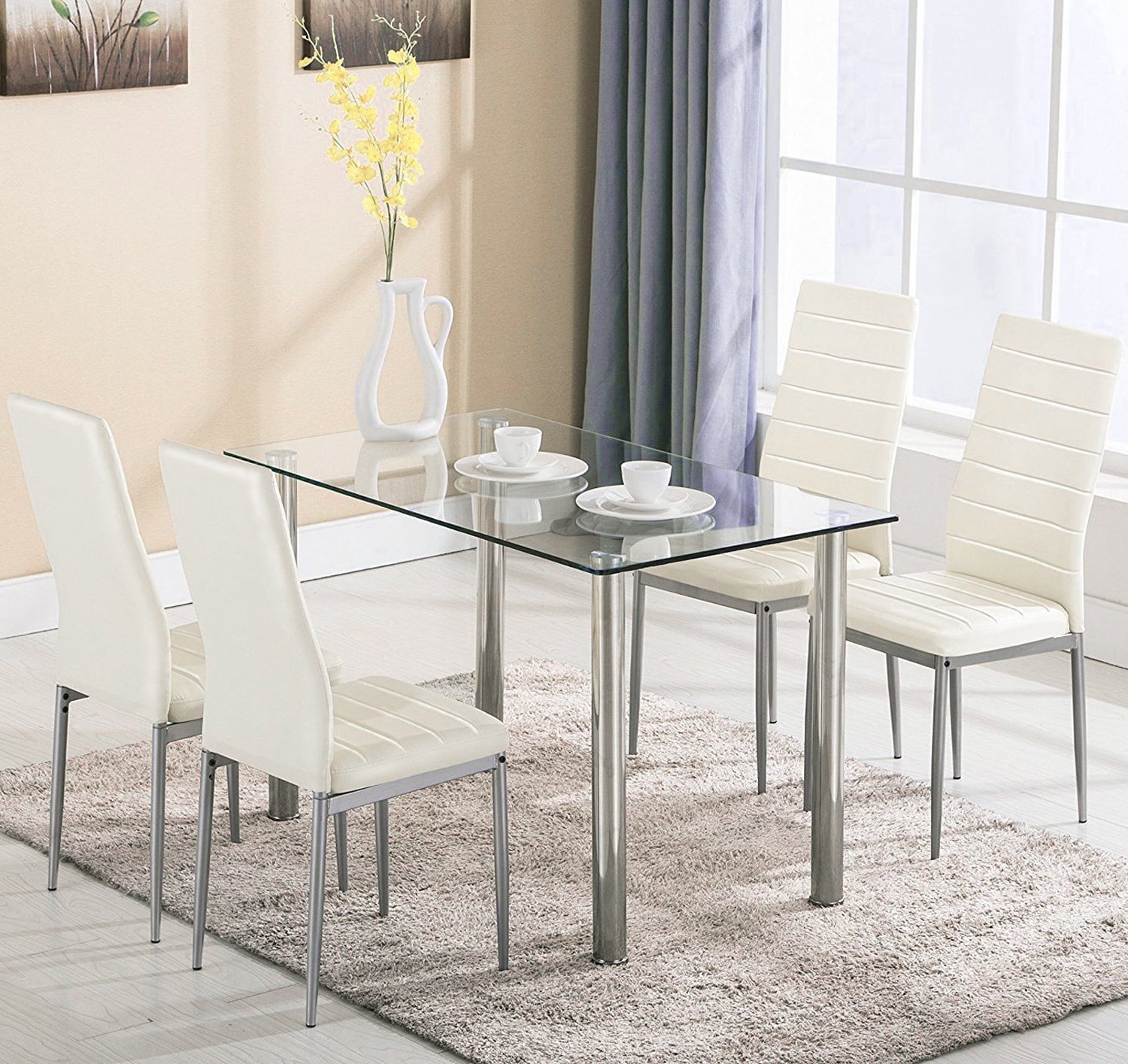 Ktaxon 5 Piece Dining Table Set Dining Table & 4 Leather Chairs,Glass Top Kitchen Dining Room Furniture,White