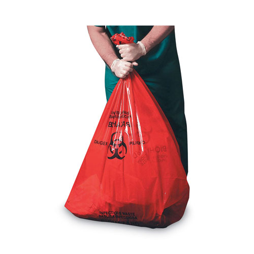 Heritage Bag Healthcare Pre-Printed High-Density Can Liners | Infectious Waste: Biohazard， 30-33 gal， 0.55 mil， 33 x 40， Red， 250