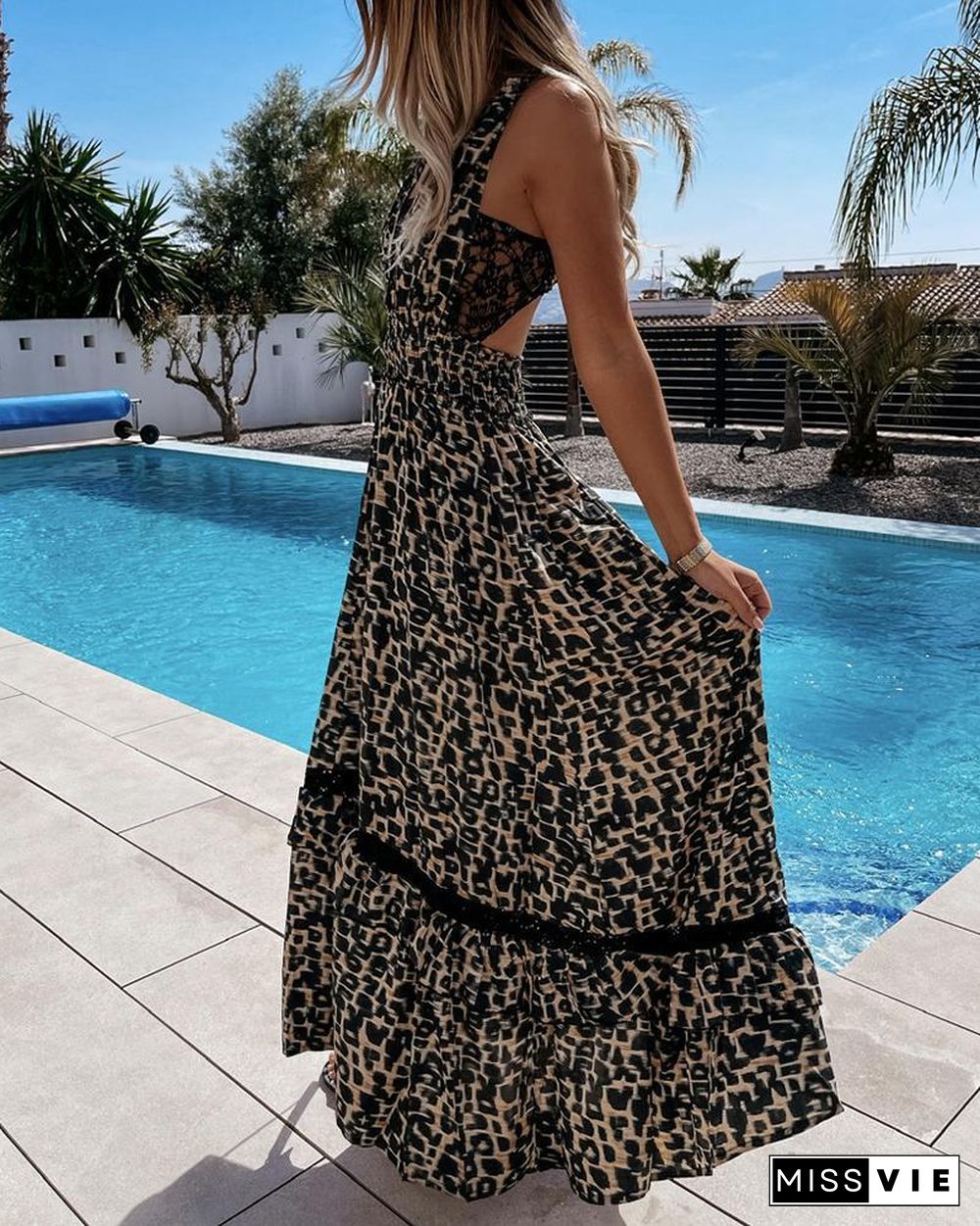 Floral Print Ruffle Tie Back Bohemian Maxi Dress P11908