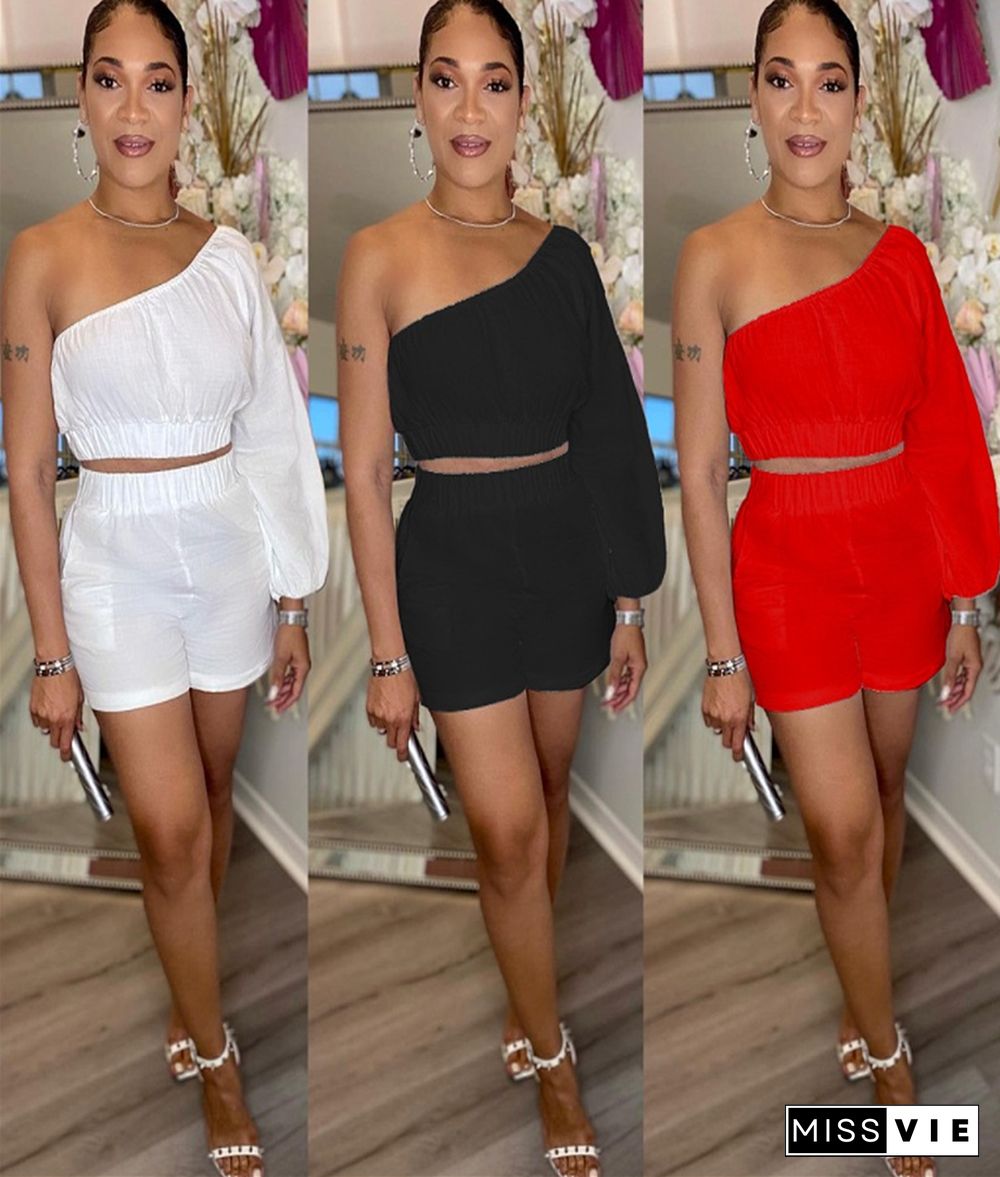 Sexy Solid Color Women One Shoulder Single Long Sleeve Crop Top Shorts Sexy Ruched Two Piece Set