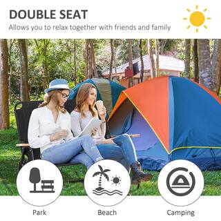 Outsunny Double Black Folding Chair Loveseat Camping Chair for 2-People Portable Outdoor Chair with Wooden Armrests 84B-859BK