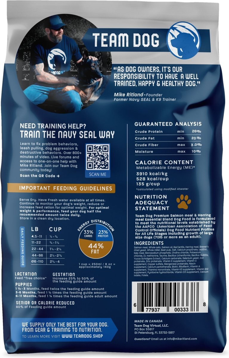 Team Dog Salmon Meal and Herring Meal 26/20 Essential Blend Premium Dry Dog Food， 33-lb bag