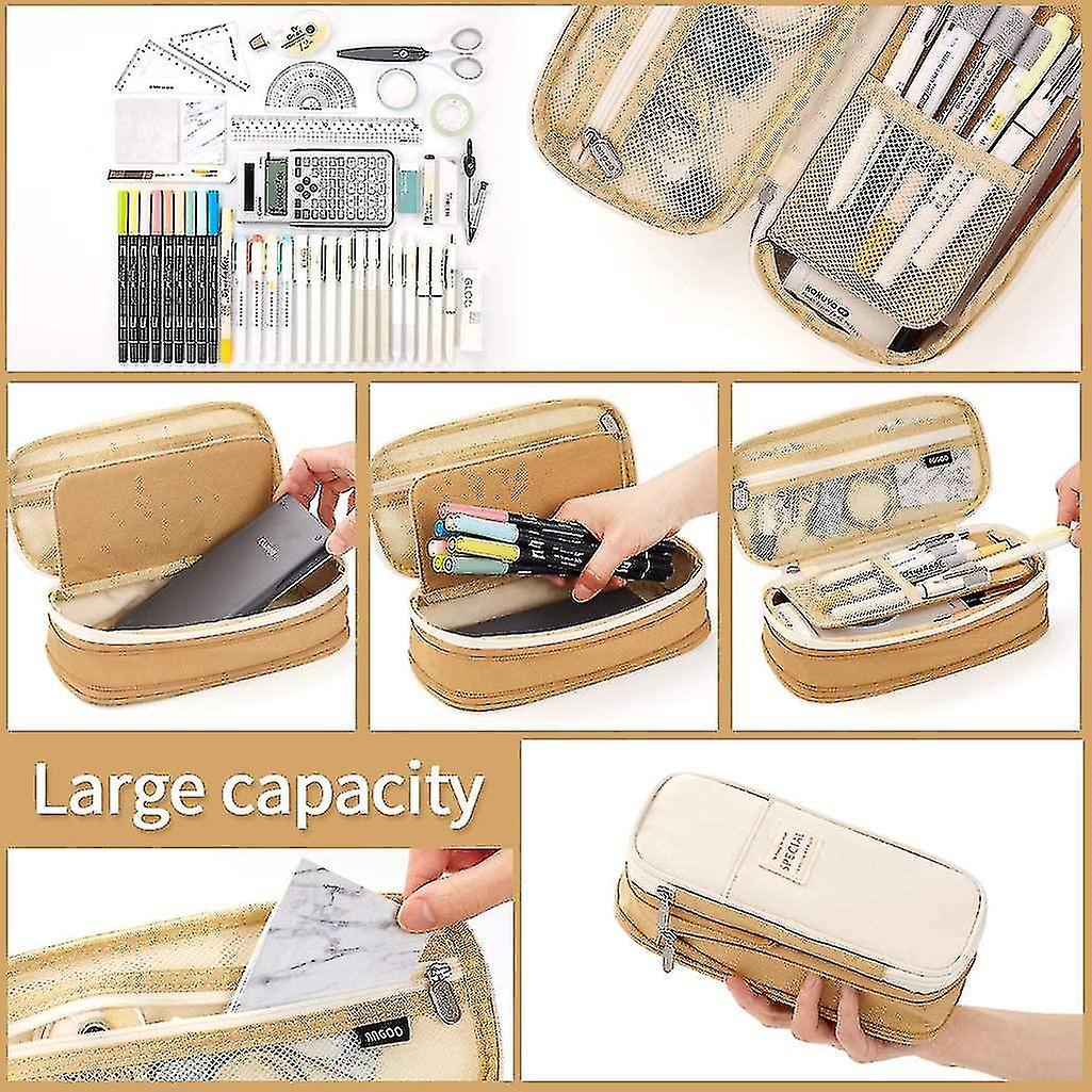 Big Capacity Pencil Pen Case Office College School Large Storage High Capacity Bag Pouch Holder Box Organizer - Khaki