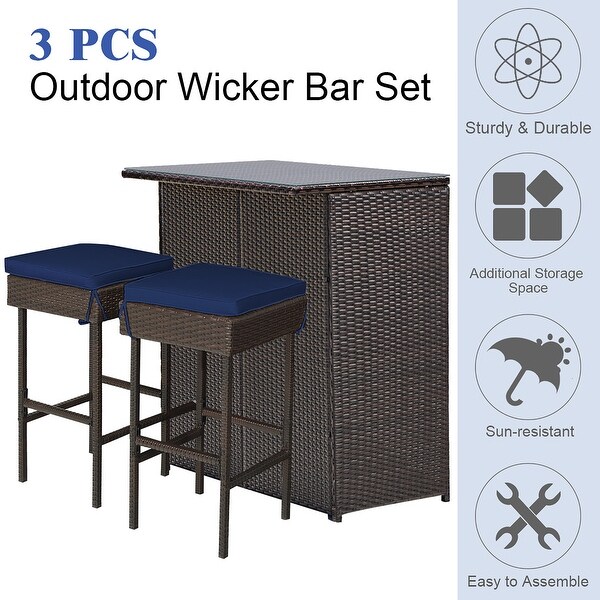 Costway Patio 3PCS Rattan Bar Table Stool Set Cushioned Chairs with