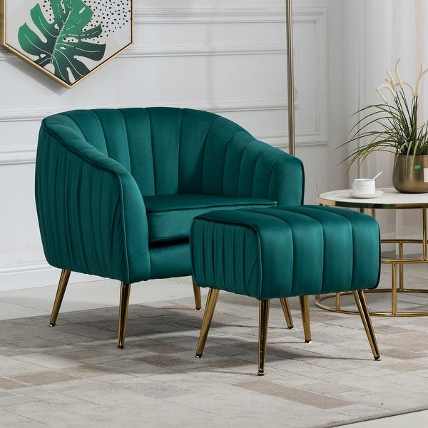 Velvet Accent Chair with Ottoman， Modern Tufted Barrel Chair Ottoman Set for Living Room Bedroom