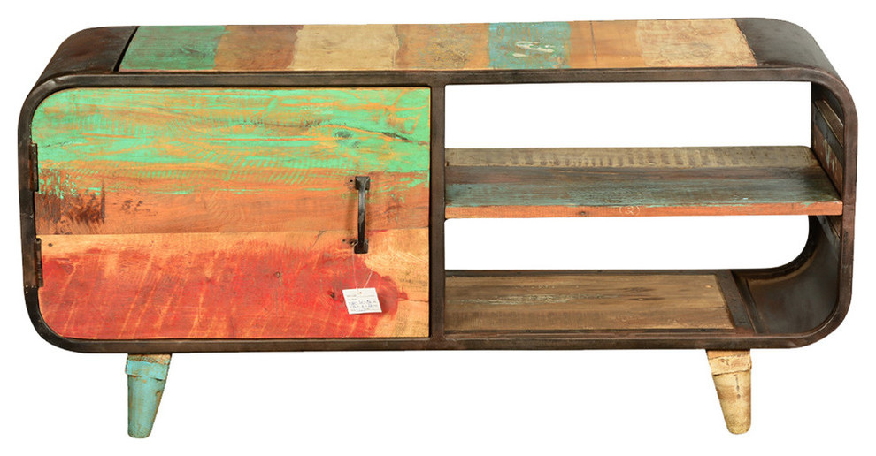 Retro Rainbow Reclaimed Wood  ampIron TV Console Media Cabinet   Midcentury   Entertainment Centers And Tv Stands   by Sierra Living Concepts Inc  Houzz