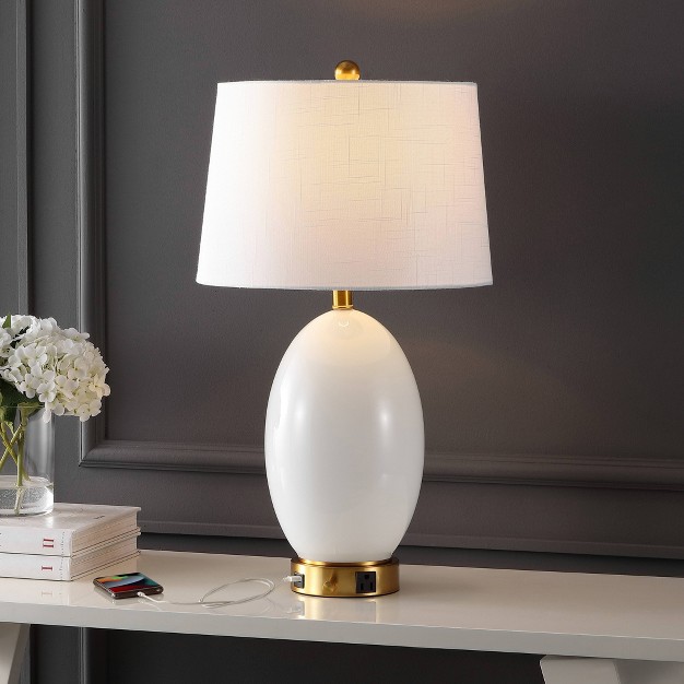 1 outlet Reese Iron glass Table Lamp With Usb Charging Port includes Led Light Bulb Jonathan Y