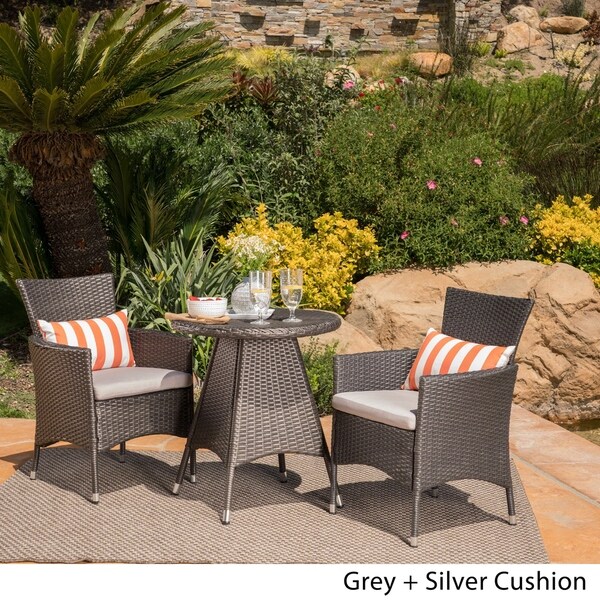 Melissa Outdoor 3piece Wicker Bistro Set with Cushions by Christopher Knight Home