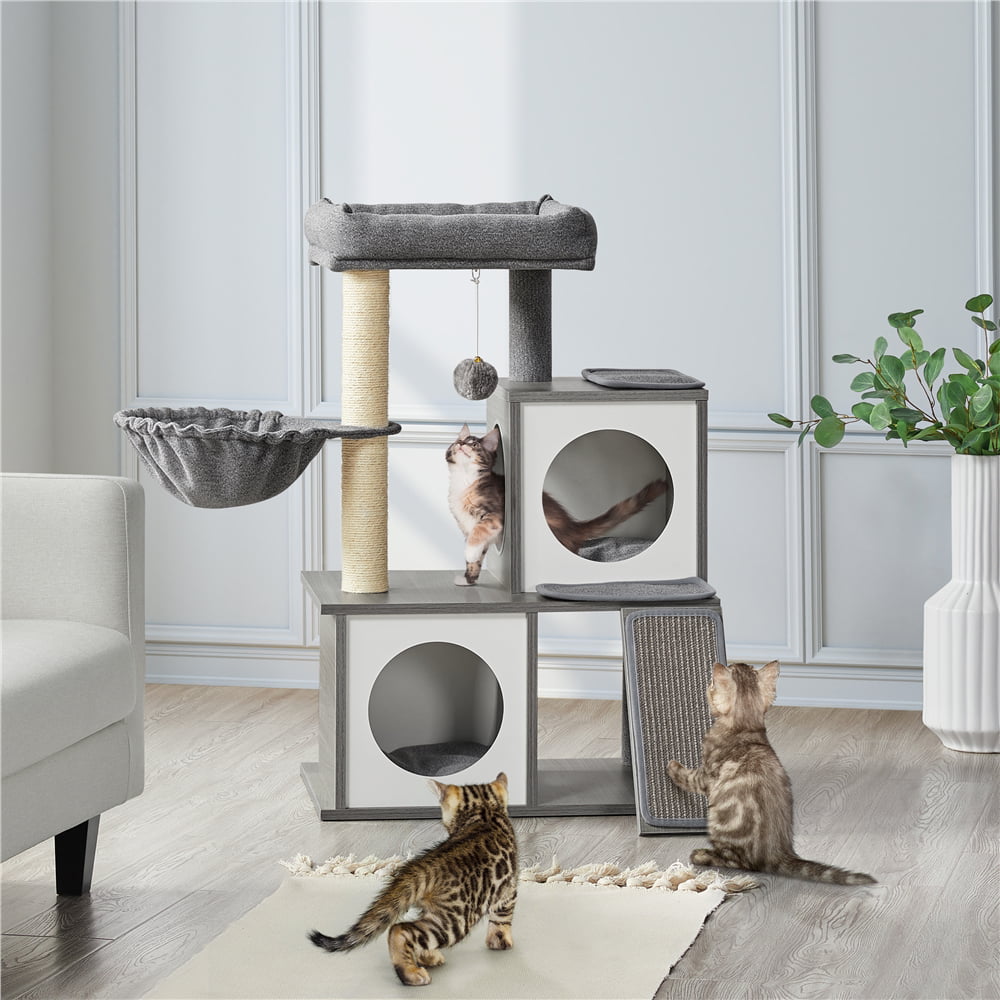 Yaheetech 35'' Multilevel Cat Tree Fabric Felt Cloth Medium Cat Tower with Two Condos Perch Scratching Posts Basket， Light Gray